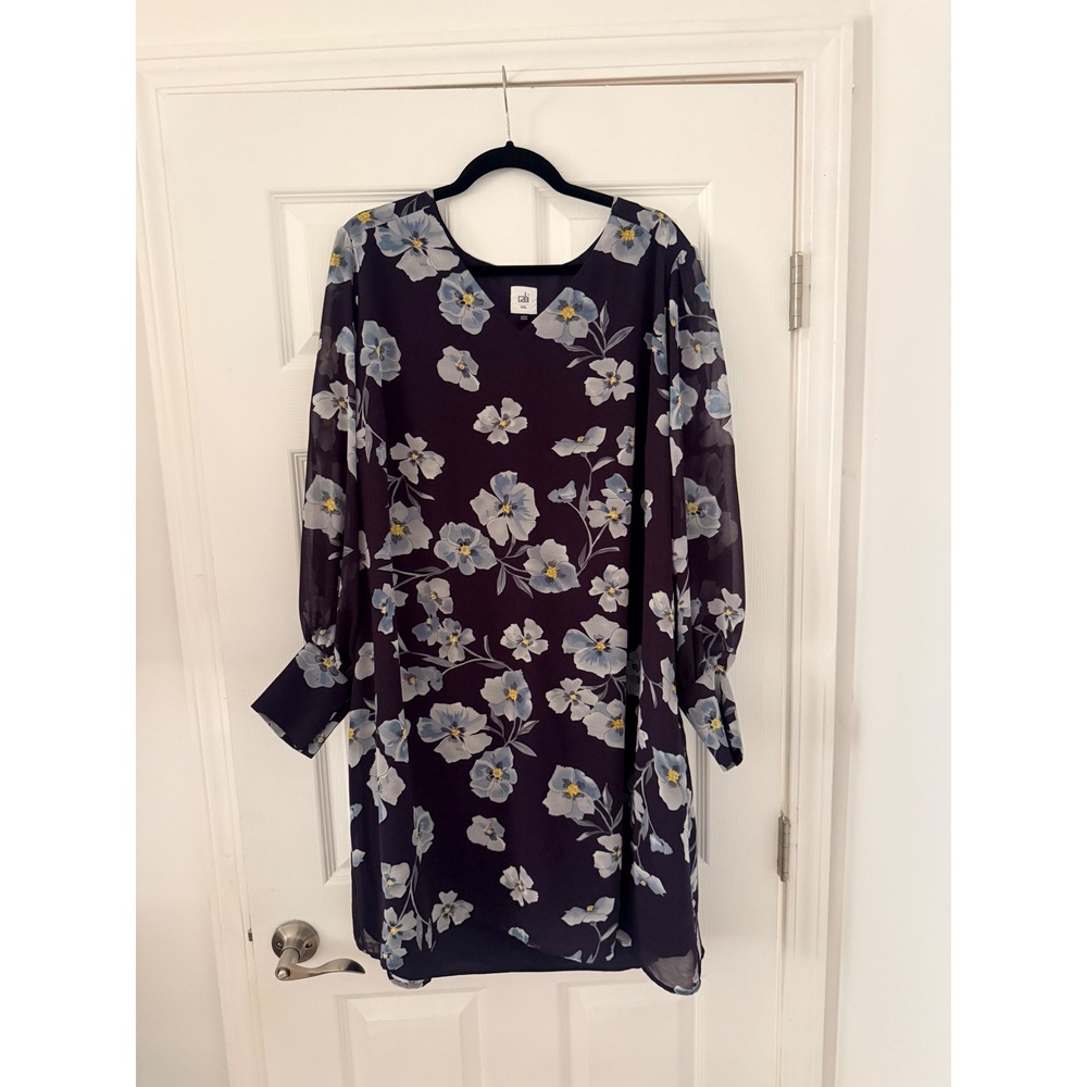 Cabi Womens V-Neck Floral Shift Dress Navy Purple‎ Sheer Long Sleeve 4018 XXL